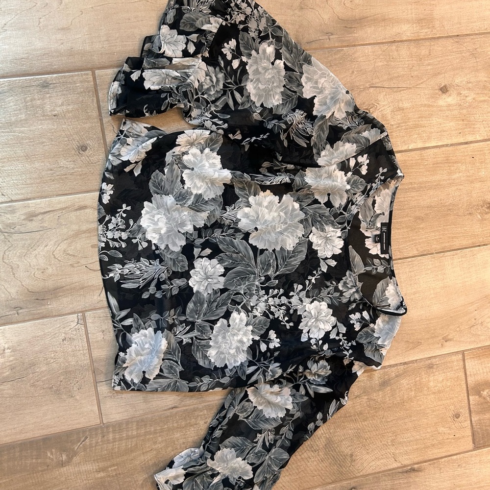 INC International Concepts Black and White Ruffled Asymmetrical Blouse